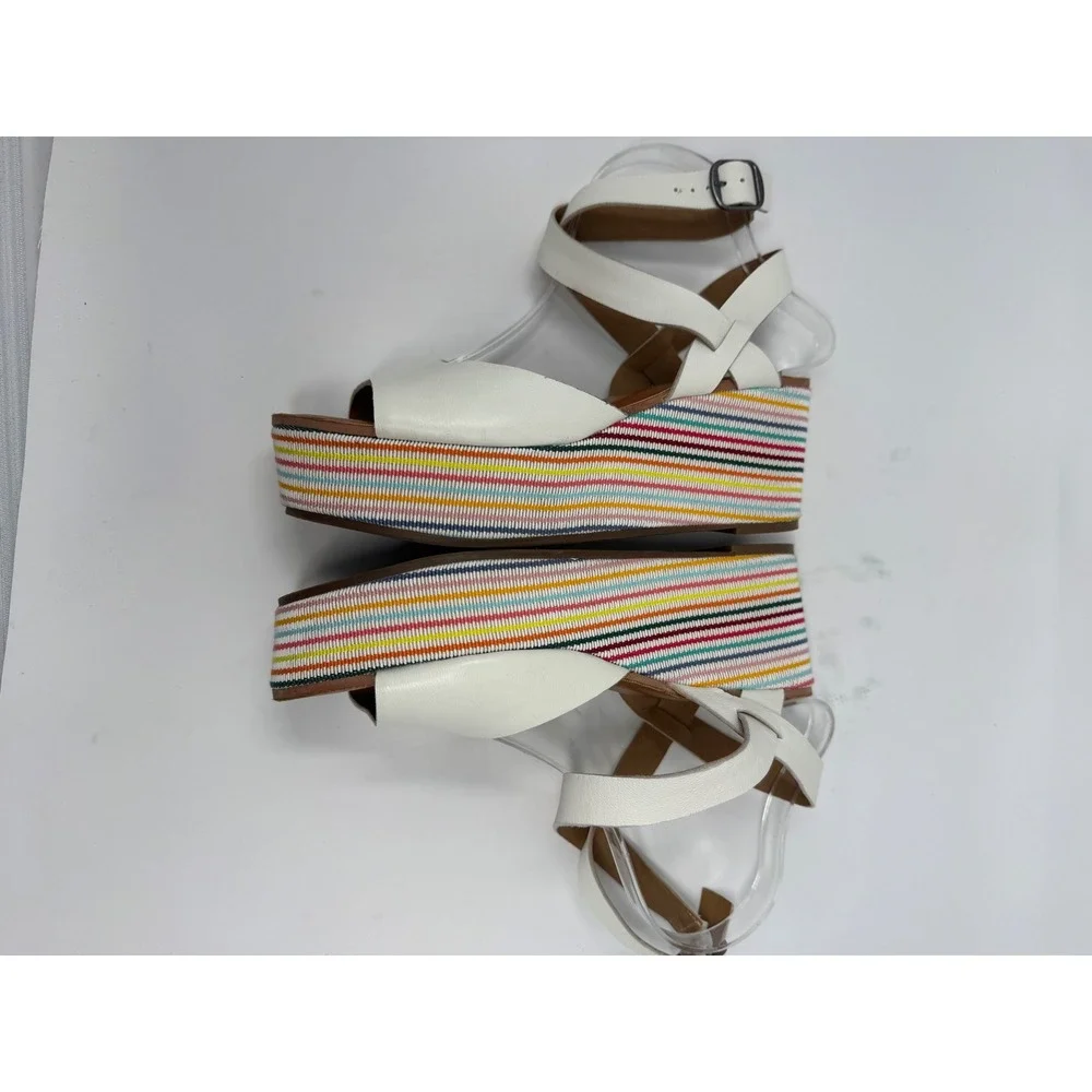 Lucky Brand Ginny Womens White Leather Rainbow Striped‎ Platform Wedge Sz 8.5
